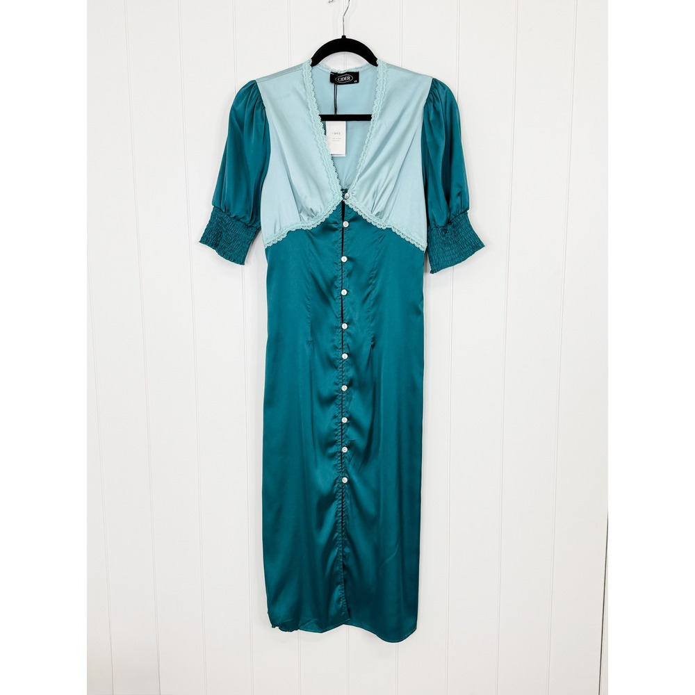 Cider Teal Blue Lace Trim Button Front Midi Dress NWT Women Size XS Satin Puff